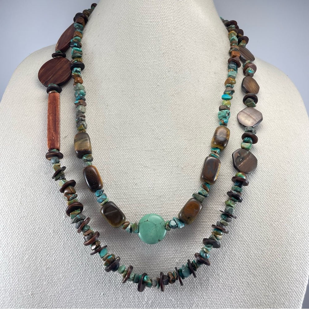 Artisan Handmade Crafted Turquoise Tiger Eye Abalone Glass Beaded Layer Necklace